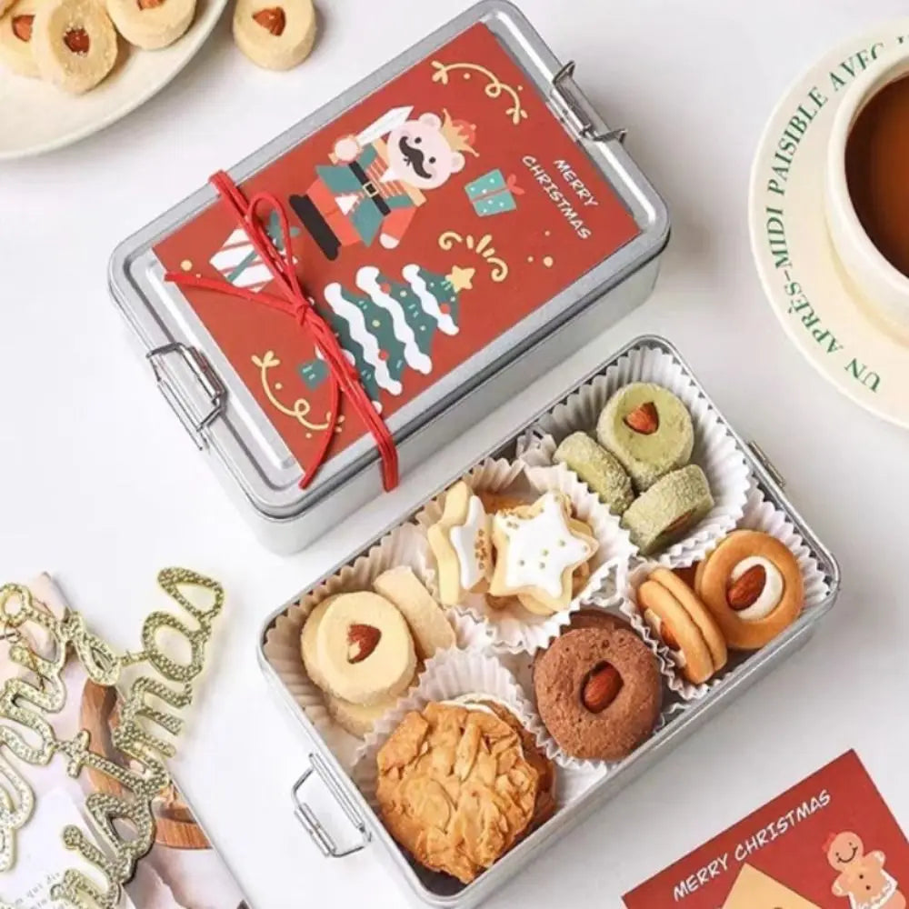 boîte biscuits argentée fruits noël poignées métalliques classique durable couvercle