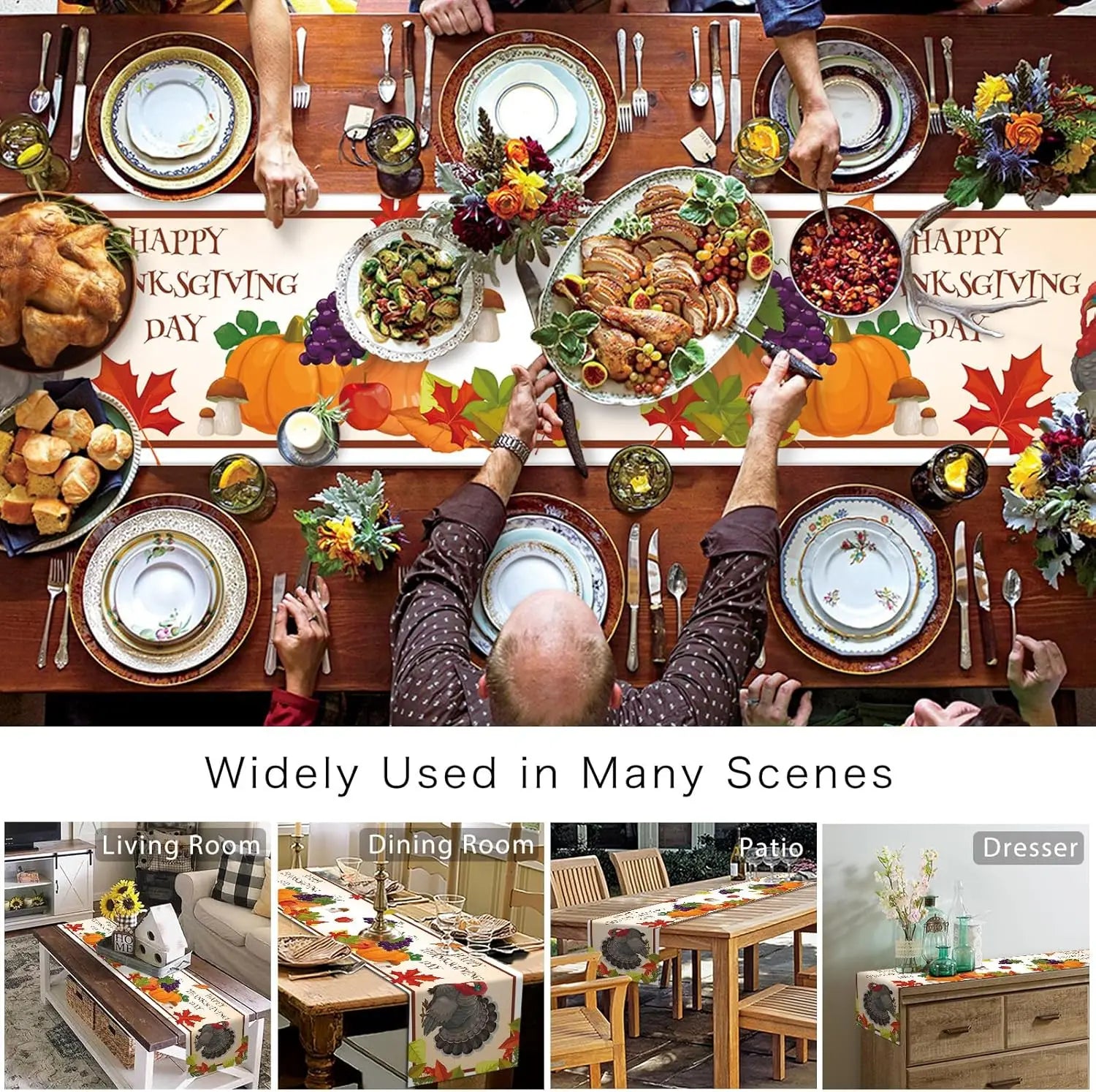 Une table richement décorée pour le jour de Thanksgiving, avec de délicieux plats, des décorations automnales et une ambiance conviviale.