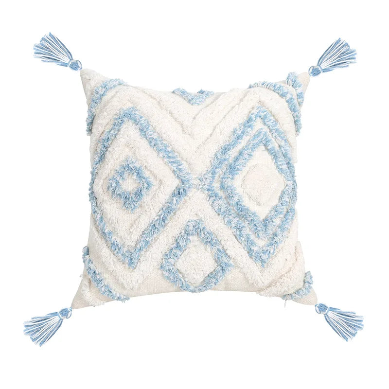 coussin decoratif bleu blanc motif geometrique moderne boho chic amovible lavable tassel adhésif coton