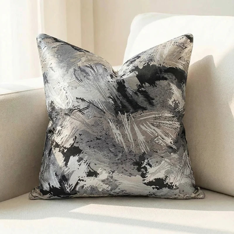 coussin carré jacquard géométrique contemporain beige gris bleu doré polyester 45x45cm