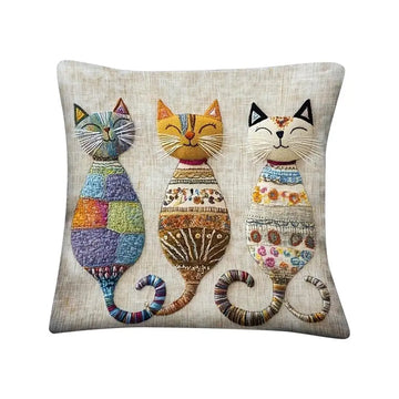 housse coussin bohème trois chats stylisés fond beige texturé coton polyester multicolore deco maison