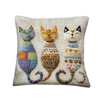 housse coussin bohème trois chats stylisés fond beige texturé coton polyester multicolore deco maison