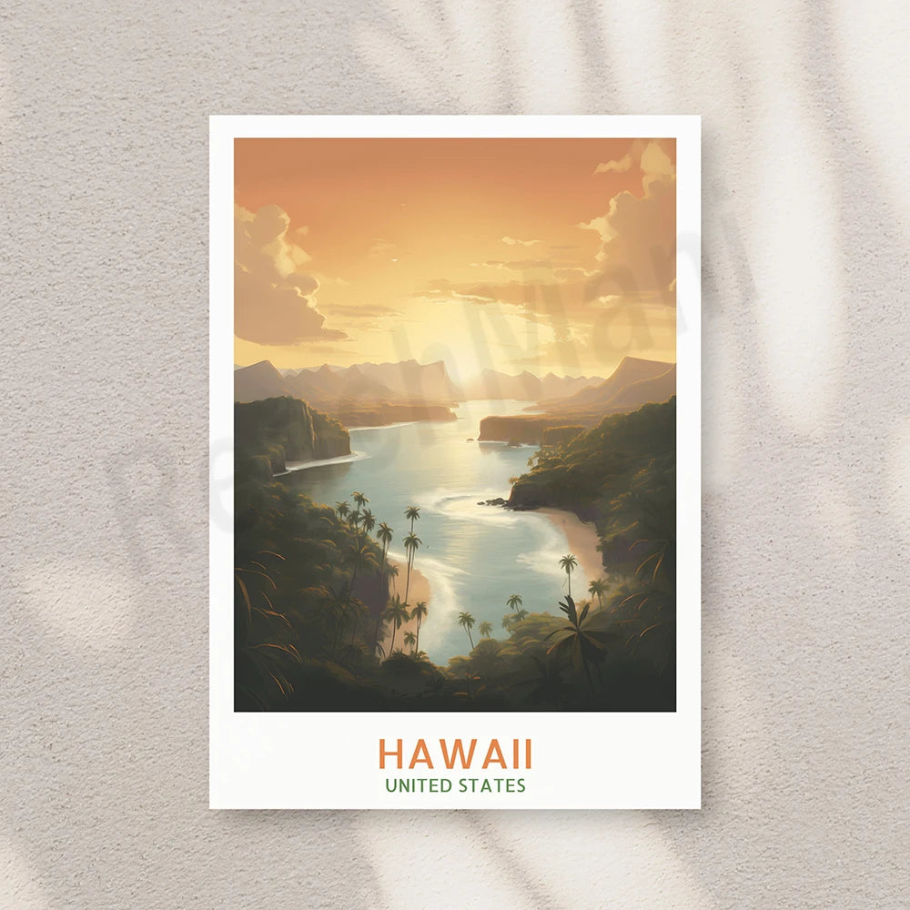 Une scène paradisiaque avec des montagnes verdoyantes, des plages de sable fin et une mer turquoise sous un ciel orangé au coucher du soleil, représentant les paysages idylliques de l'archipel d'Hawaï aux États-Unis.