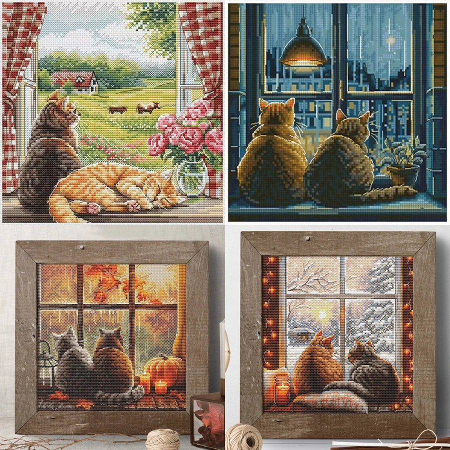 kit broderie points croix animaux compagnie printemps été automne hiver nuit plume toile coton