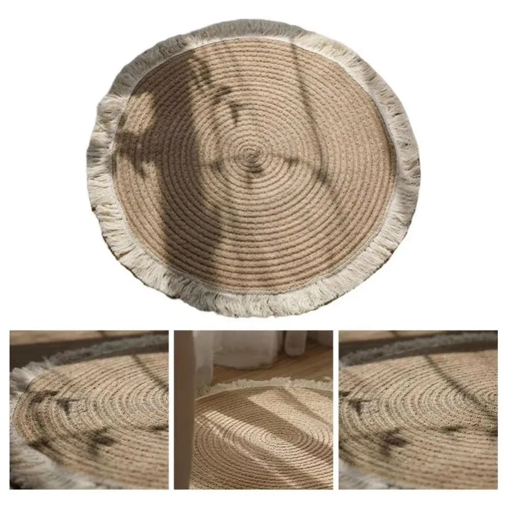 tapis boho spirale concentrique franges blanches fleurs artificielles polyester beige clair 40cm 60cm tissé