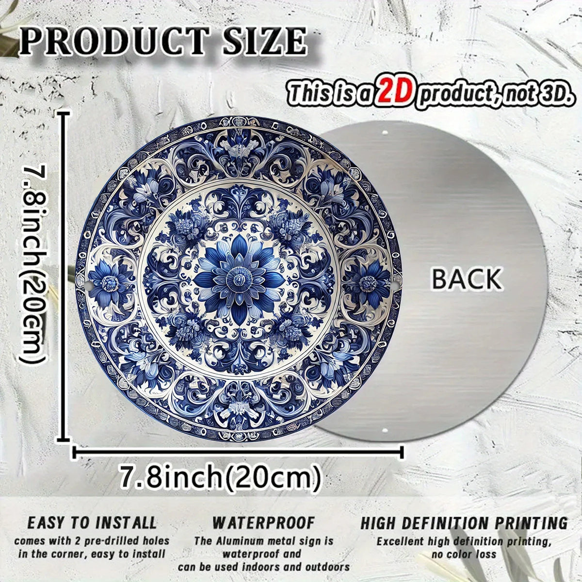 plaque murale classique floral détaillée bleu blanc métal ø20cm imperméable
