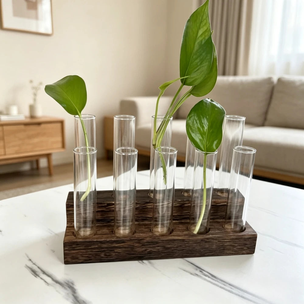vase moderne transparent support bois minimaliste décoration table maison