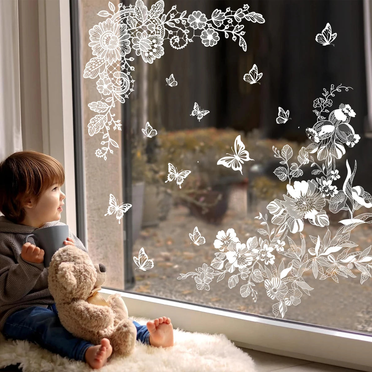 sticker mural fleurs blancs papillons art floral adhésif statique réutilisable décoration intérieure facile poser