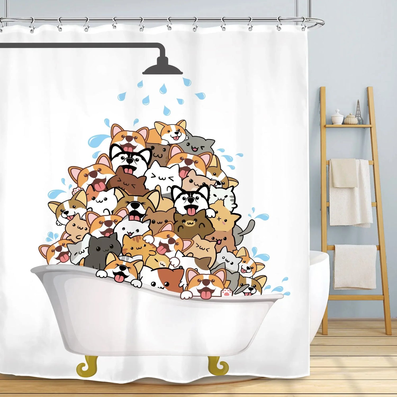 Illustration humoristique d’une baignoire remplie d’un grand nombre de chiens aux pelages variés, sous une douche, sur fond blanc.