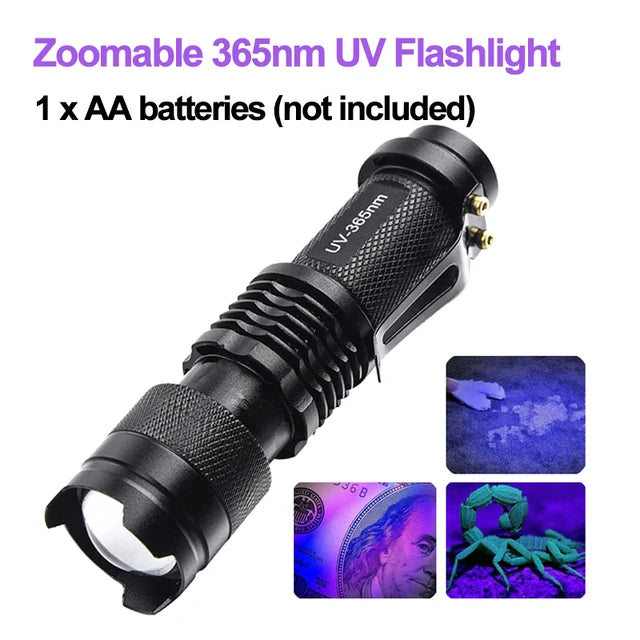 lampe torche uv portative 365nm 395nm zoomable étanche animaux scorpions billets fluorescence