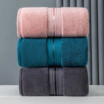 serviettes bain coton absorbantes douces rose clair gris blanc beige bleu marine rayures dorées