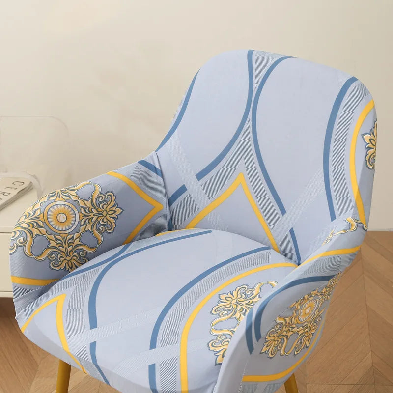 housse chaise moderne adhésive feuilles tropicales noir blanc gris bleu doré elasthanne polyester Jacquard