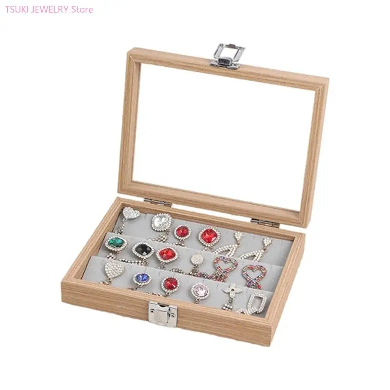 boîte bijoux bois naturel moderne cadenas 20cm 15cm 15cm rangement bagues boucles d'oreilles gris