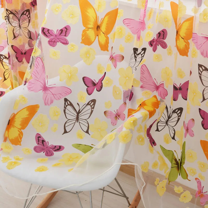rideau moderne transparent papillons colorés salon polyester inclusion blanc jaune rose vert noir