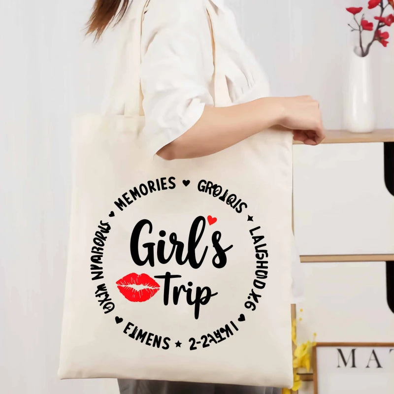 sac main toile beige imprimé voyage lèvres memories laughter amusant réutilisable respectueux environnement