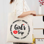 sac main toile beige imprimé voyage lèvres memories laughter amusant réutilisable respectueux environnement