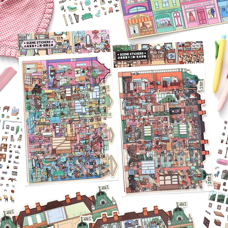 puzzle multicolore art deco détails bâtiments adhésif pièces boite rangement lunettes