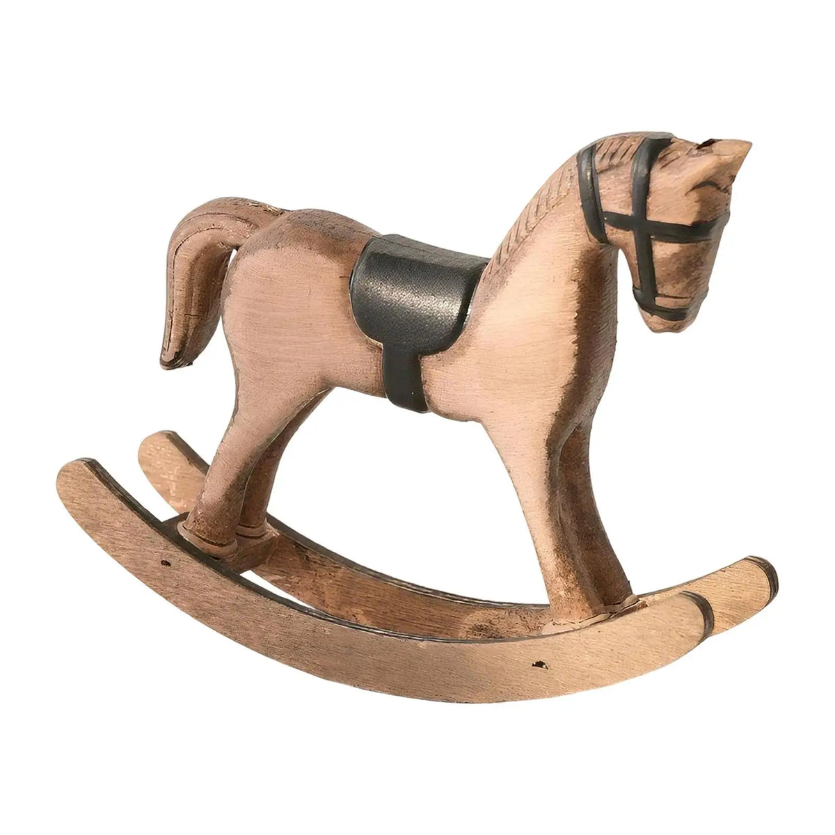 décoration cheval bascule bois vintage miniature bronze marron foncé aspect vieilli texture rugueuse figurine