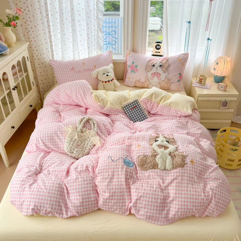 parure lit enfant fille rose chat mignon housse couette drap taies oreiller coton