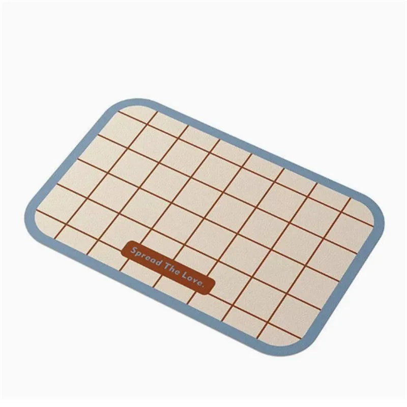 tapis table moderne rectangle blanc bleu vert rouge grille bordure colorée assiette cuillère tasse