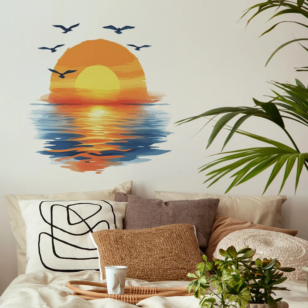 autocollant mural paysage marin coucher soleil oiseaux volants moderne salon chambre coucher résistant l'eau
