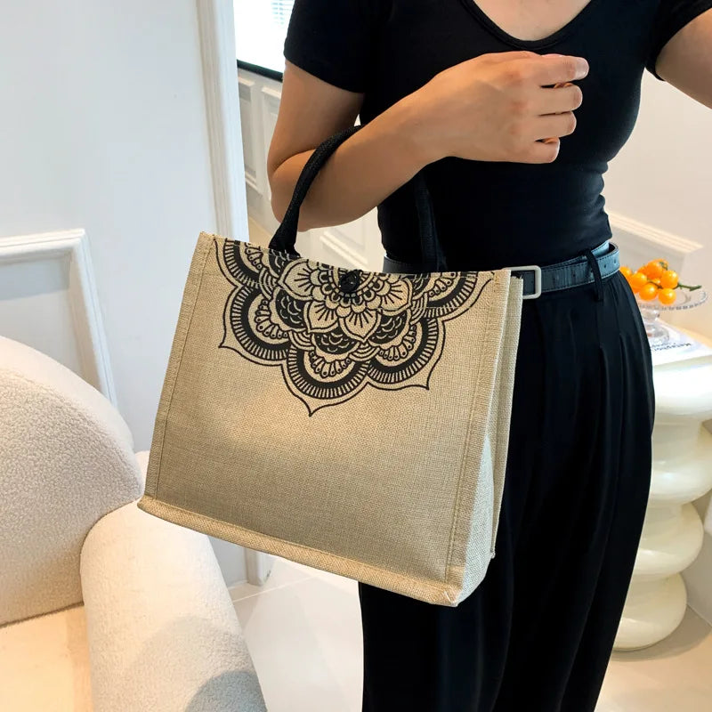 sac main toile pliable respectueux environnement bohème poignées motif mandala intérieur coeur