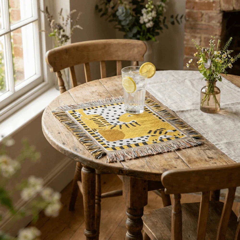 tapis table textile motif tigre étoiles jaune noir bleu clair décoration table manger résistant