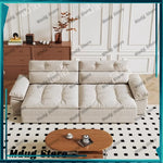 canapé moderne tissus composites beige motif palmiers fixations coussins dimension 280cm