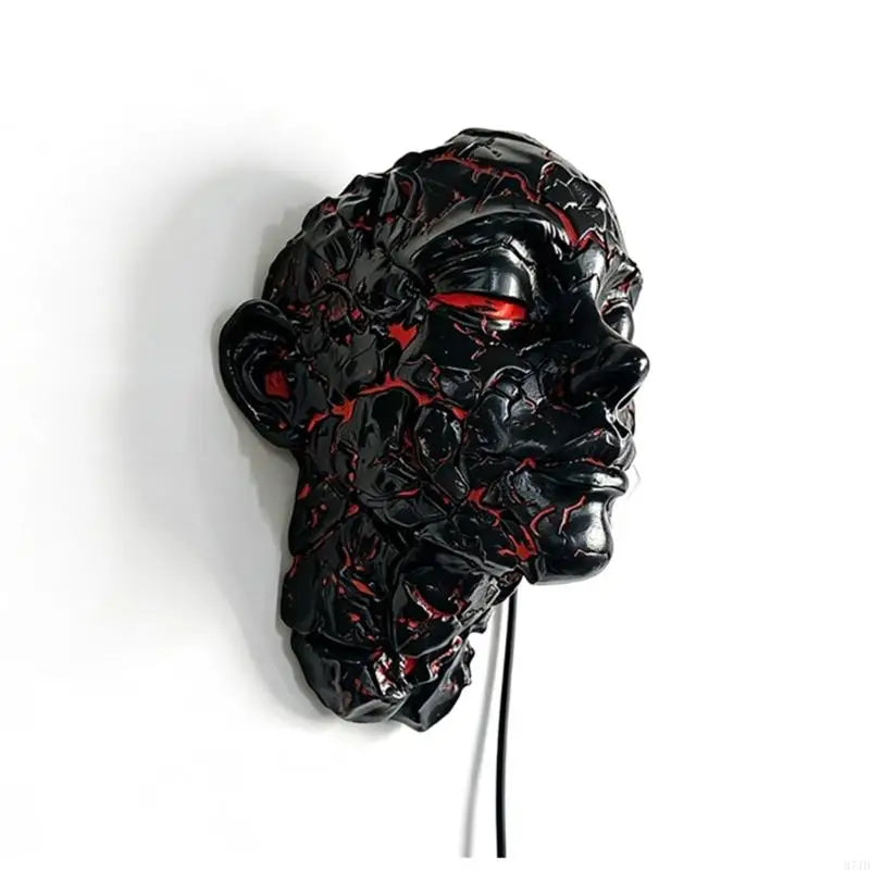 masque sculptural noir rouge texture magma lave art contemporain halloween décoration murale led usb