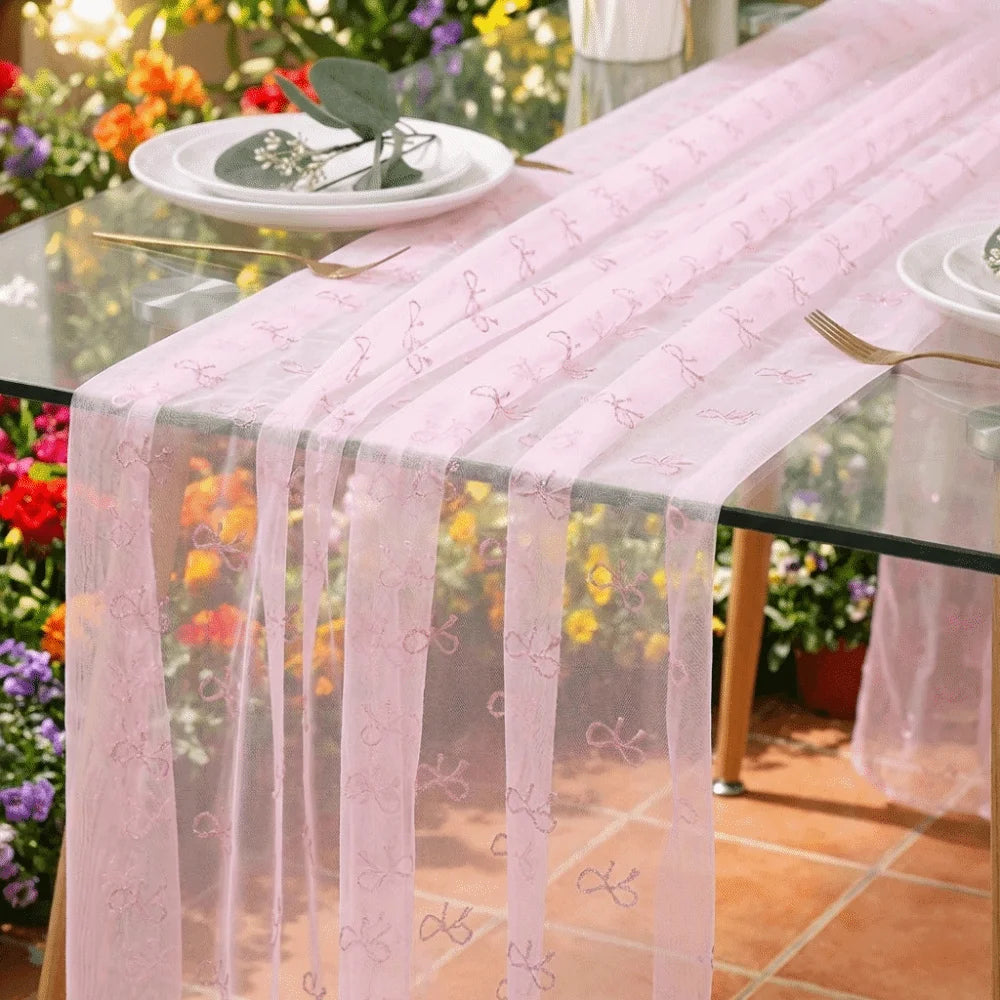 chemin table rose transparent nœuds brodés motif festif décoration mariage table restaurant