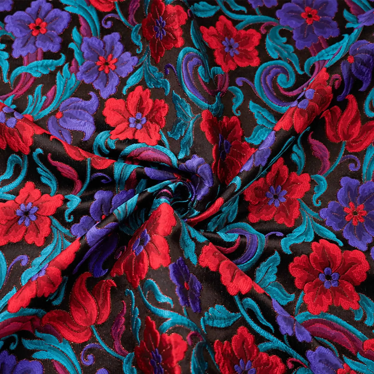tissu brodé polyester largeur 155cm motifs floraux ethniques noir rouge bleu violet jupes robes