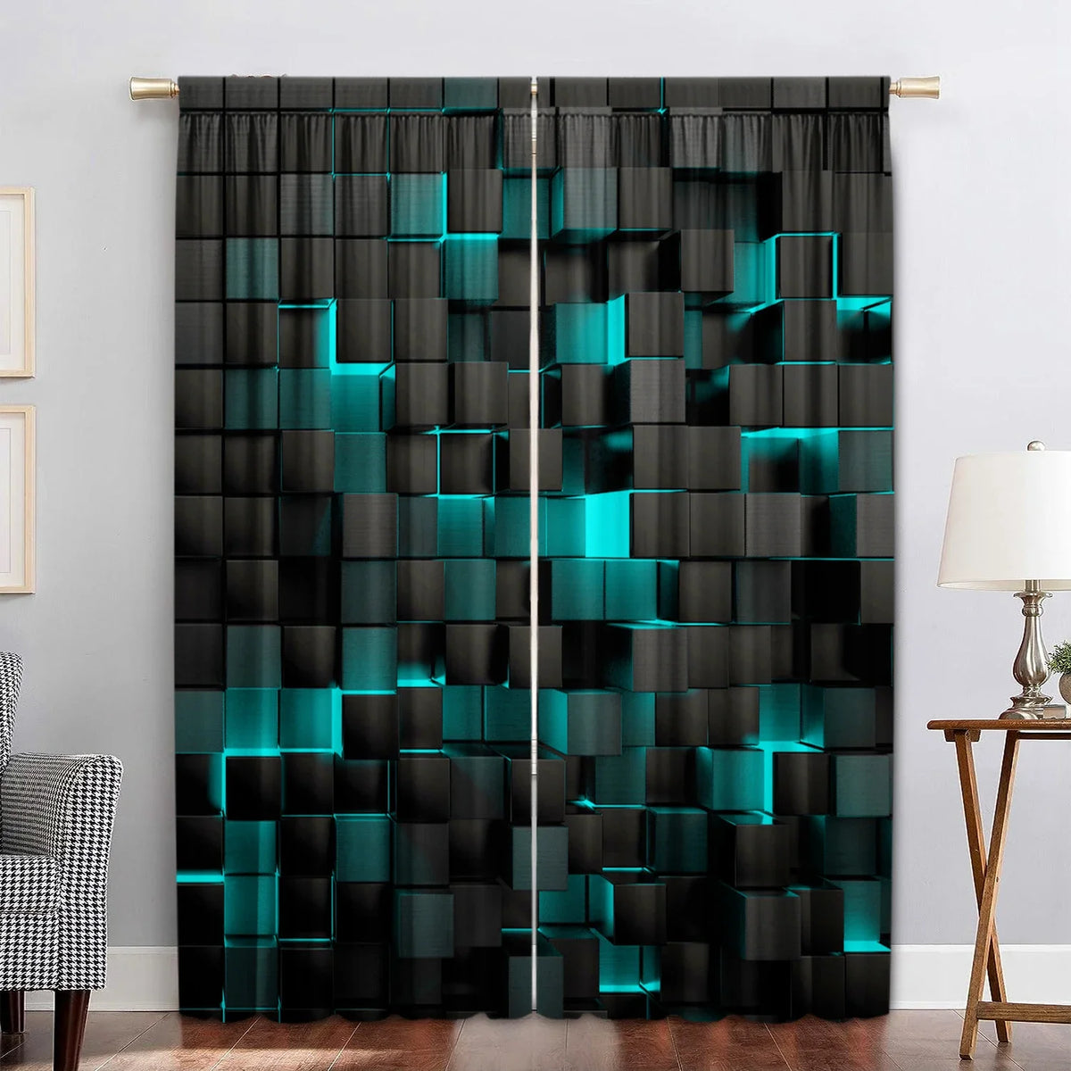rideau moderne pièces cubes 3d noir bleu turquois polyester chambre salon