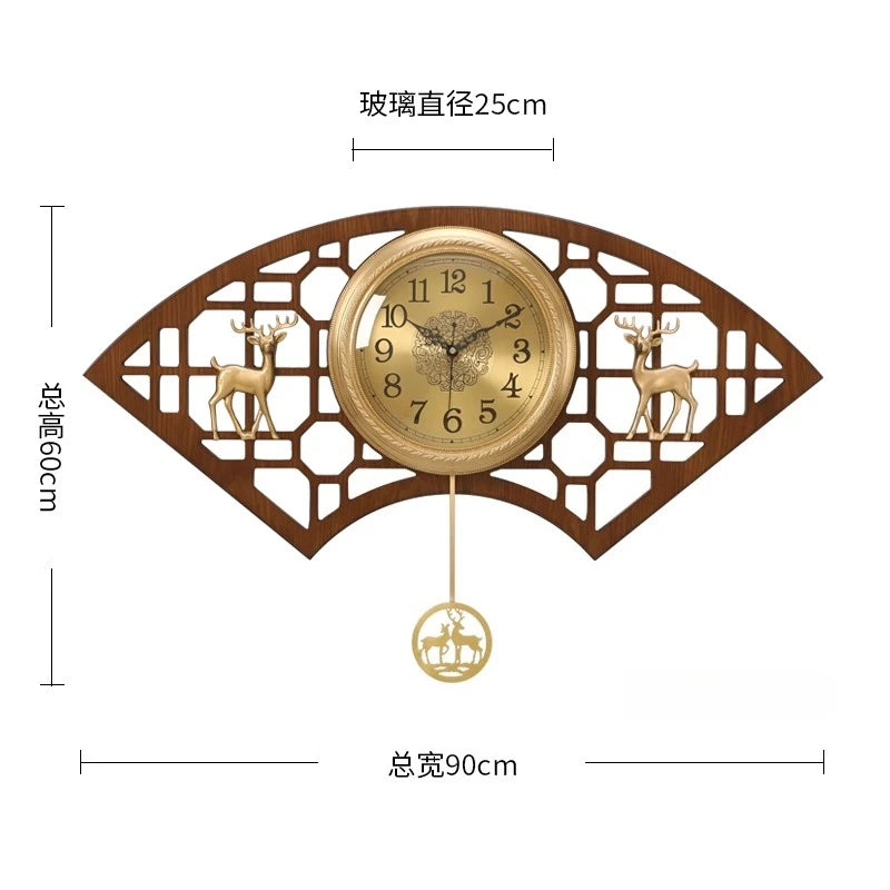 horloge murale chinoise traditionnelle asiatique ventilateur cerf floral marron doré salon