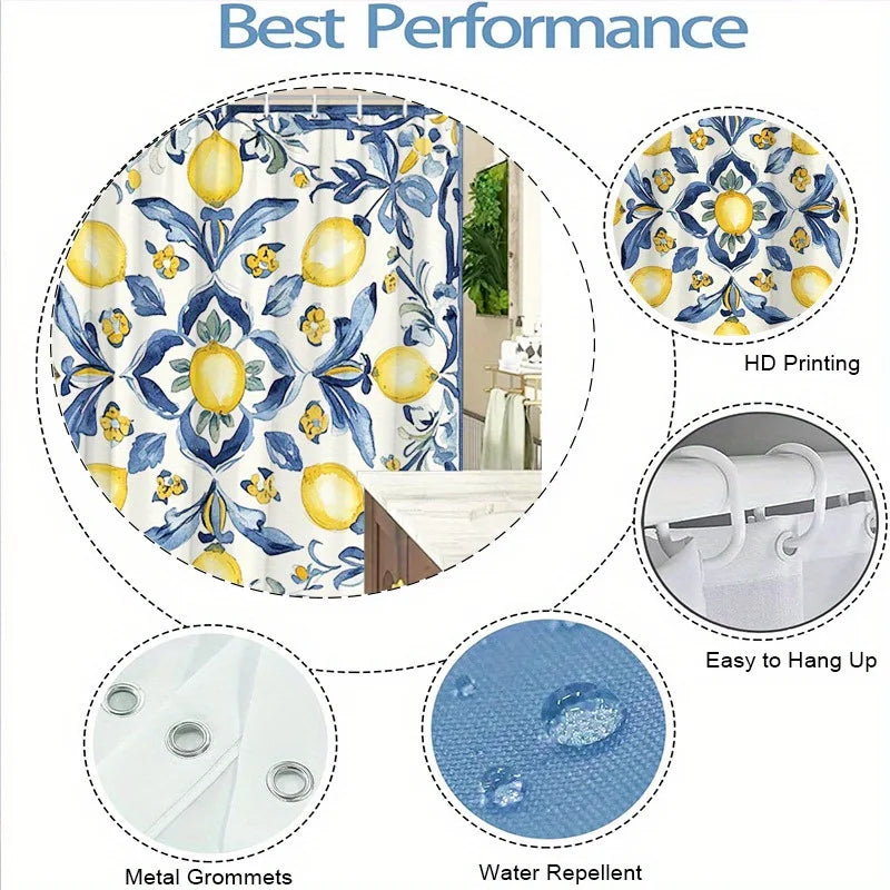 rideau douche moderne feuilles citrons blanc jaune bleu polyester facile nettoyer opale métalliques