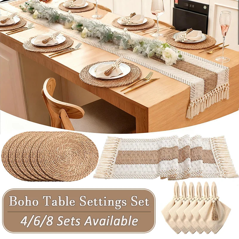 ensembles table boho rustique serviettes lin macramé franges assiettes couverts plateaux