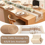 ensembles table boho rustique serviettes lin macramé franges assiettes couverts plateaux