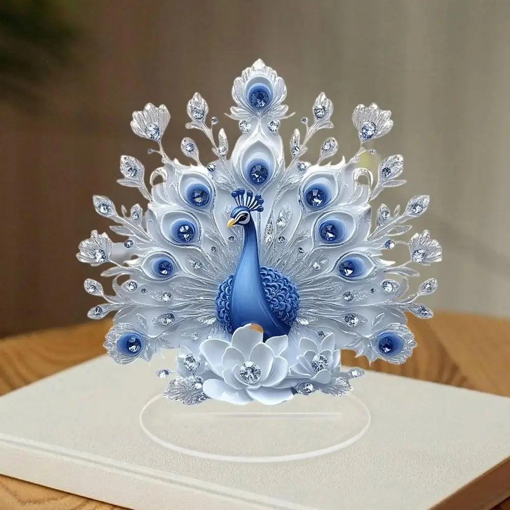 statue paon bleu blanc plumes strass motif floral base transparente décoration salon artificielle