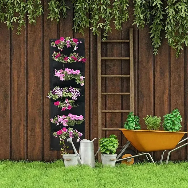 jardinière murale suspendue poches tissu noir vert rustique plante fleur herbe aromatique(vertical)