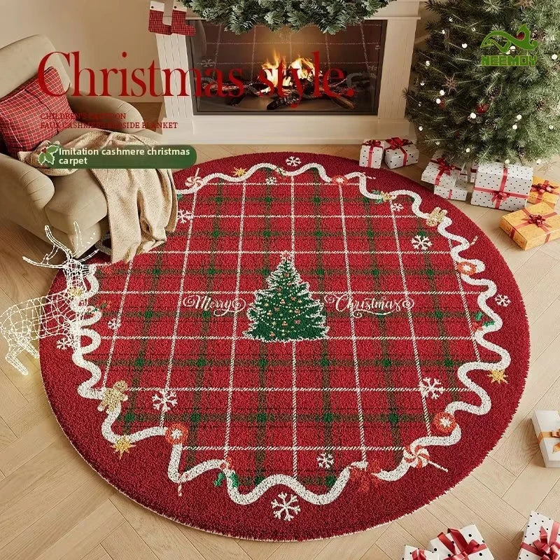 tapis noël rond resistant antidérapant polyester motifs sapins flocons doux traditionnel rouge blanc vert