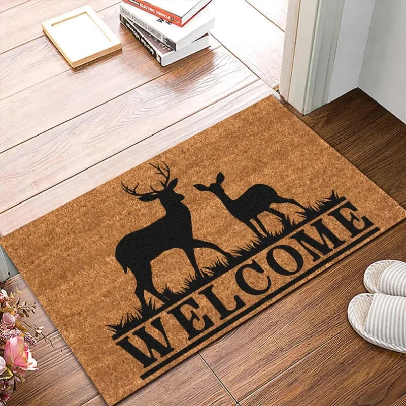 tapis d'entrée marron motif cerfs bienvenue hiver rustique 50x80cm 40x60cm