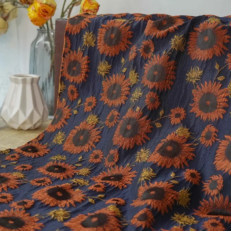 tissu bohème floral tournesols bleu foncé orange semi transparent polyester 160cm decoration couture fausses