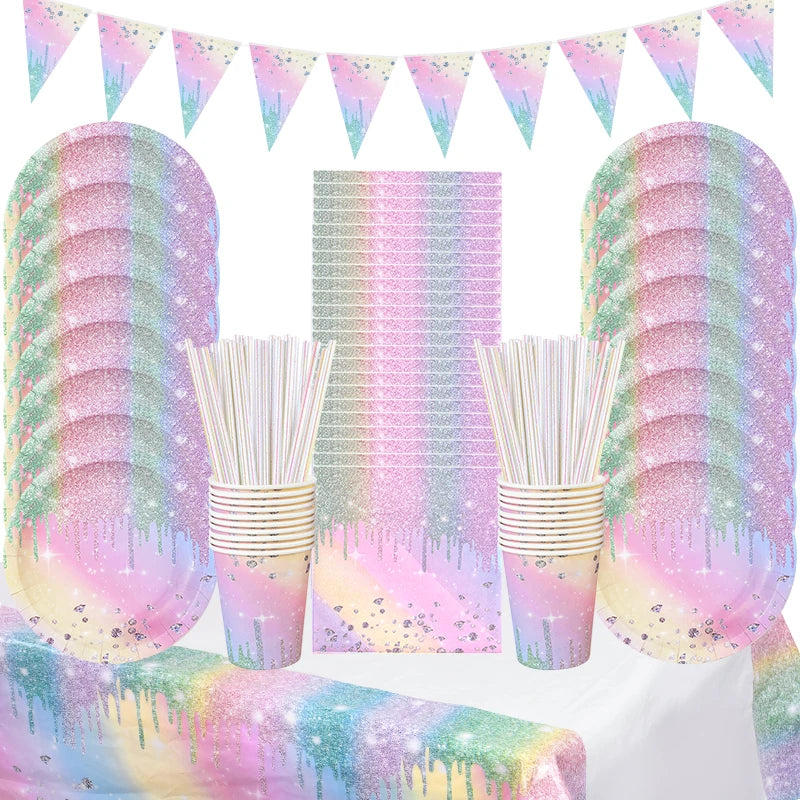 vaisselle jetable fête anniversaire moderne multicolore pailletée assiettes tasses serviettes pailles bannière happy birthday