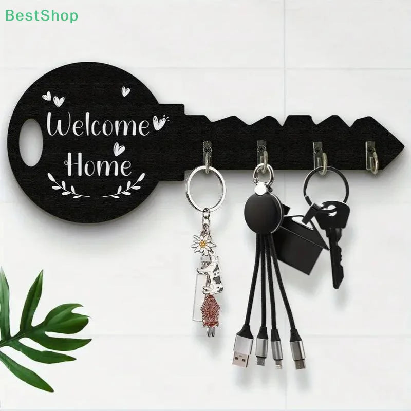 porte clés mural moderne motif bienvenue accrochage couleurs noir blanc texture bois