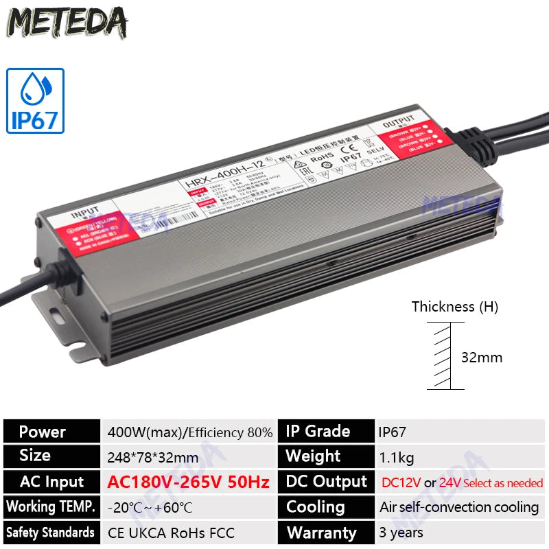 transformateur led waterproof ip67 12v 24v 36w 600w gris métallisé texturé industrielle