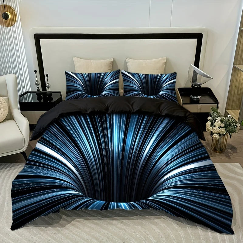 ensemble literie moderne noir bleu blanc rayures diagonales impression 3d polyester brossé double king