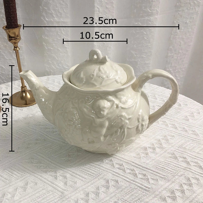 tasse céramique porcelaine ange feuilles rose blanc classique théière soucoupe couvercle