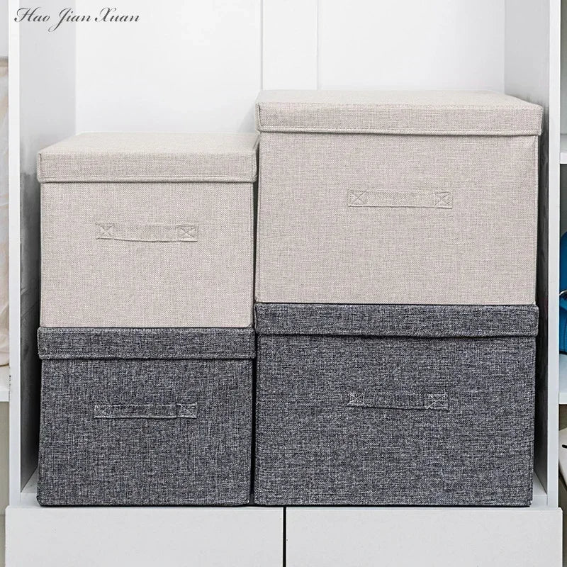 boîte rangement pliable tissu lin gris beige couvercle poignées vêtements