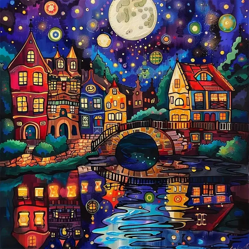 tableau diamant paysage nuit multicolore contemporain adhésif toile pinceau palette ruban decoration house
