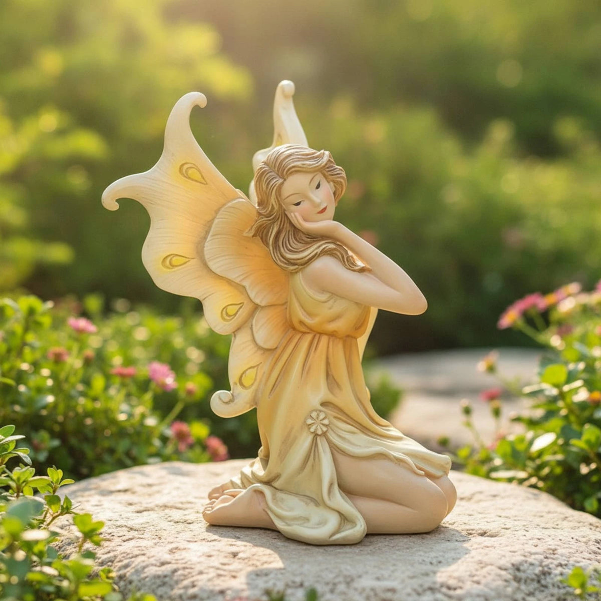 statue fée ailes pastorale fantaisie ornements jardin pot plantes succulentes mousse galets