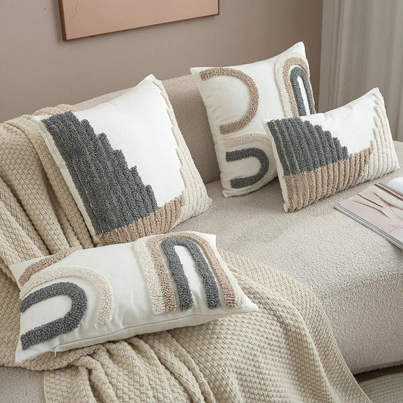 coussin géométrique moderne polyester gris beige amovible lavable contemporain decoration interieur tufter boheme